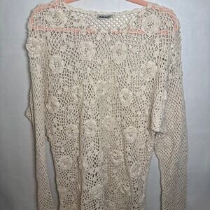 OOAK Vtg Cream Crochet Flower Beaded Sweater Fairy Women's Long Sleeve Boho Chic